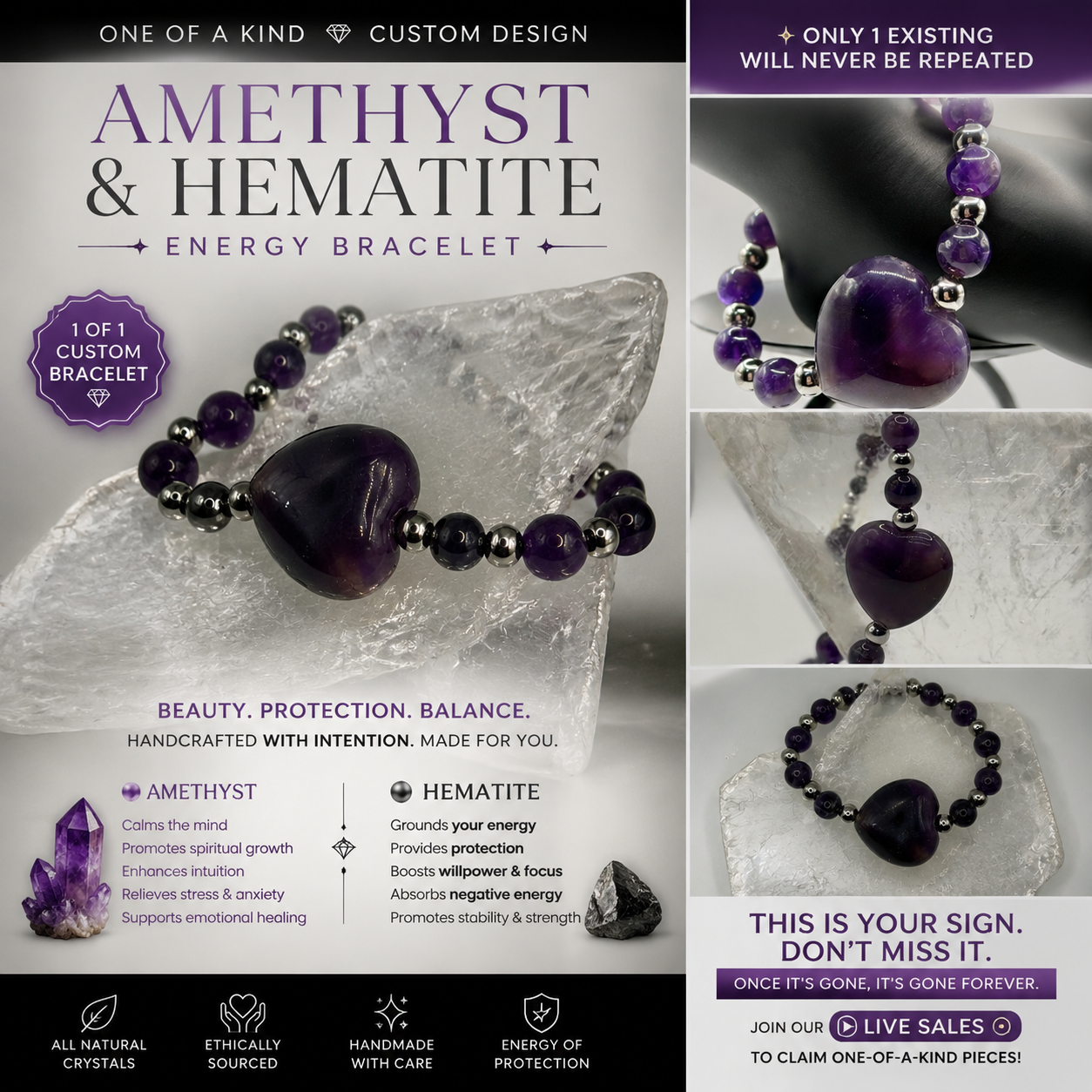 ✨ One-of-a-Kind Amethyst & Hematite Healing Bracelet – Handmade Natural Crystal Jewelry
