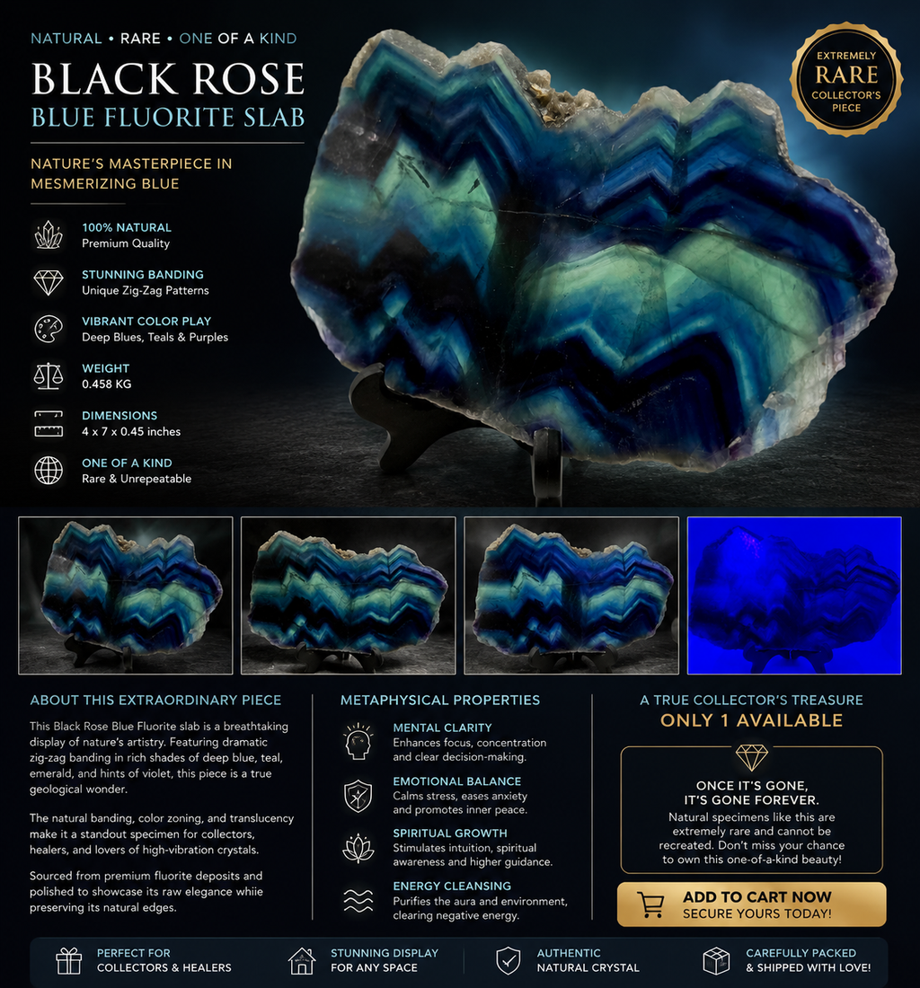 Rare Black Rose Fluorite Slab – 0.458 kg, Natural Blue & Green Banding, One-of-a-Kind