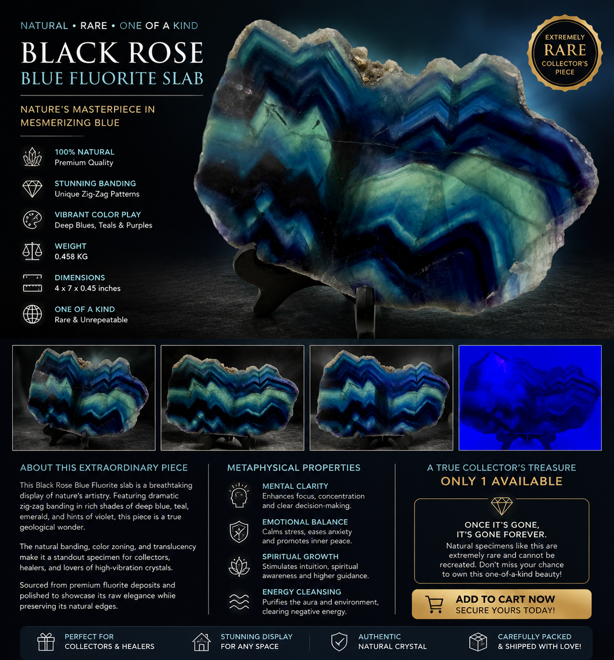 Rare Black Rose Fluorite Slab – 0.458 kg, Natural Blue & Green Banding, One-of-a-Kind