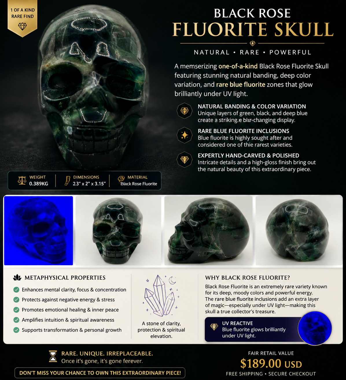 Black Rose Fluorite Skull – Heavy Blue Color Crystal Carving
