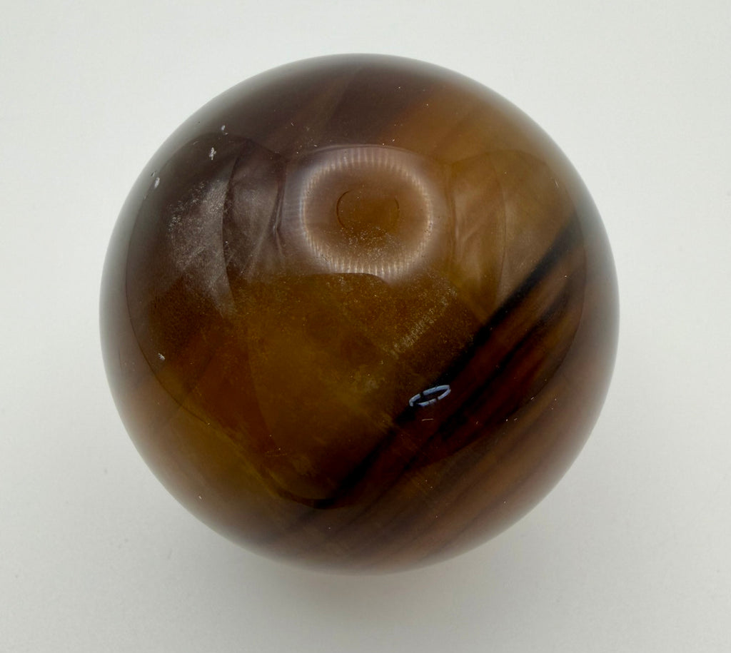 Golden Honey Fluorite Sphere | Natural Amber & Smoky Brown Banded Crystal