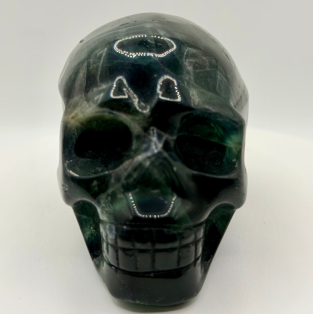 Black Rose Fluorite Skull – Heavy Blue Color Crystal Carving